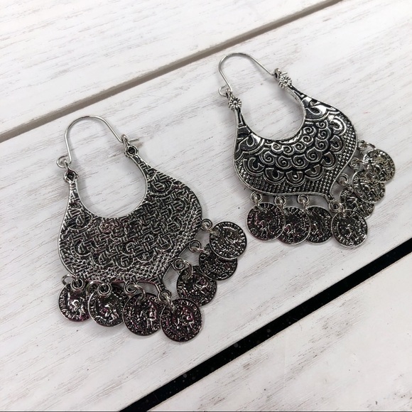 Sky Vintage Silver Tone Bohemian Coin Metal Drop Earrings - Picture 2 of 3